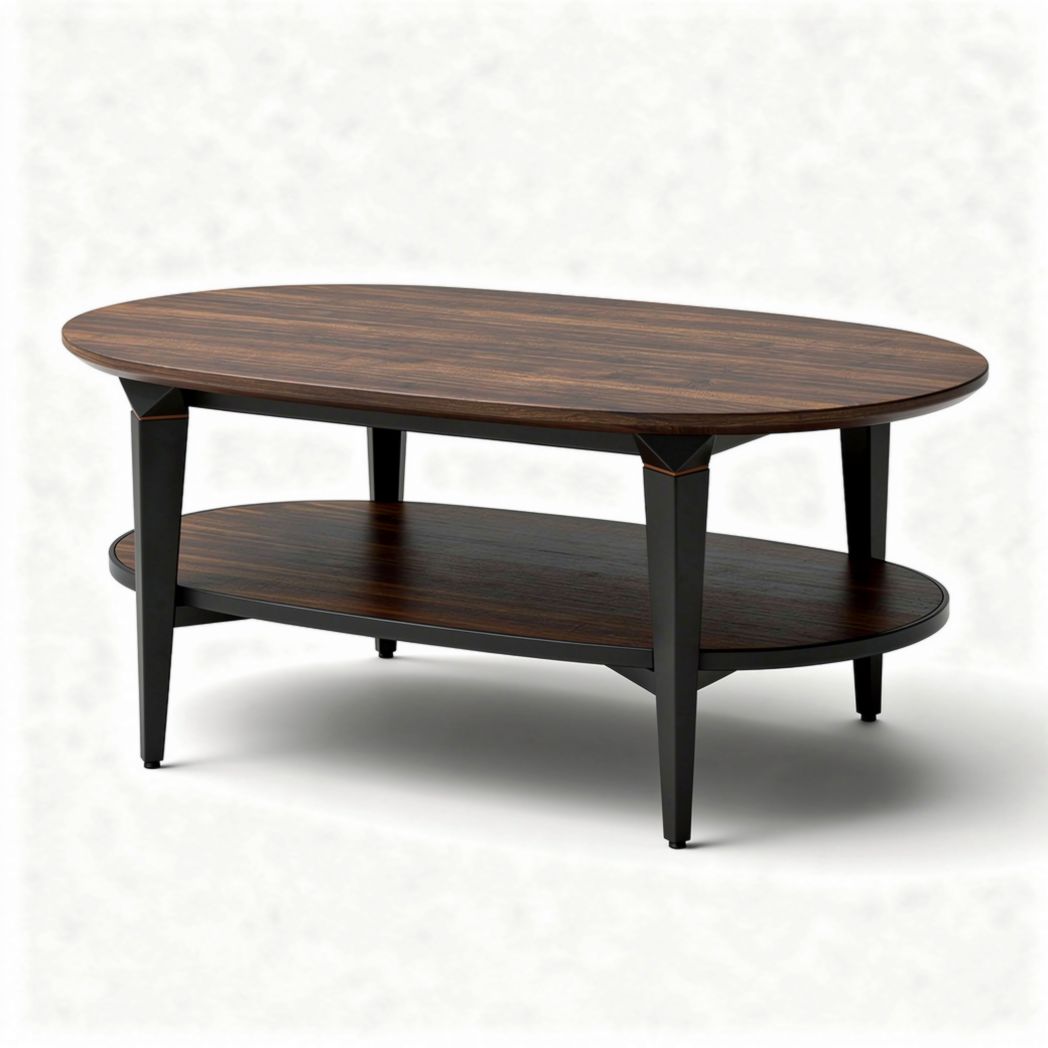 Oval coffee table with lower shelf in dark wood finish 120 x 60 x 45cm
