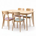 Modern wooden dining table set with four pastel upholstered chairs 150 x 90 x 75cm