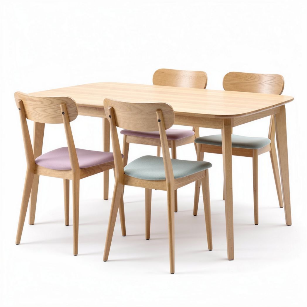 Modern wooden dining table set with four pastel upholstered chairs 150 x 90 x 75cm