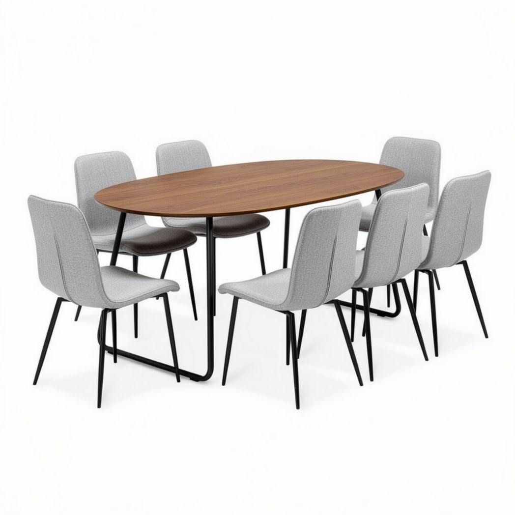 Oval dining table set with eight fabric upholstered chairs in grey 200 x 100 x 75cm