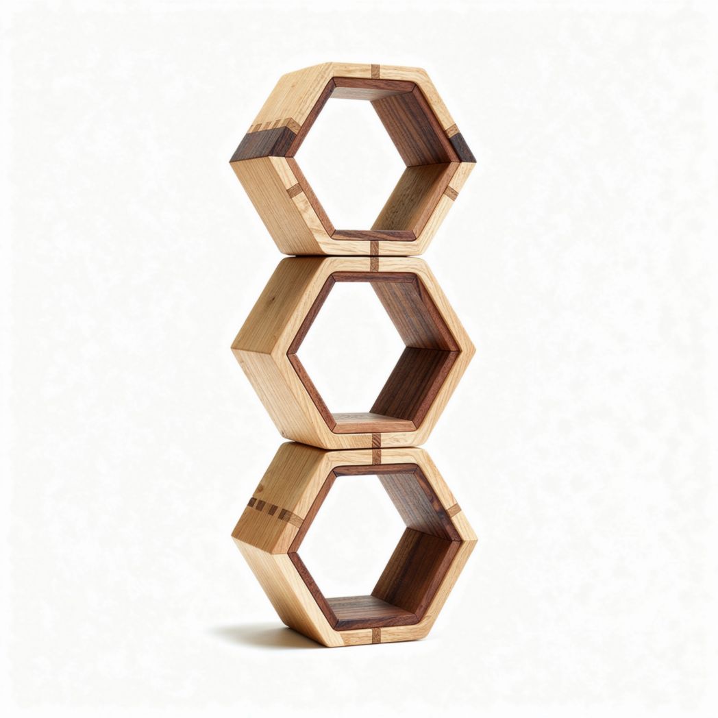 Wooden hexagon stacking toy designed for creative play dimensions 15 x 15 x 45cm