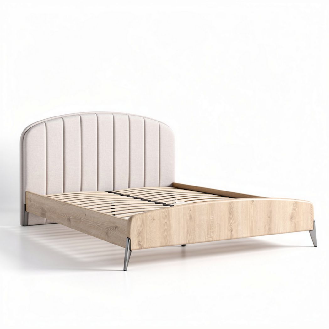 Upholstered bed frame with wooden slats and metal legs in beige finish