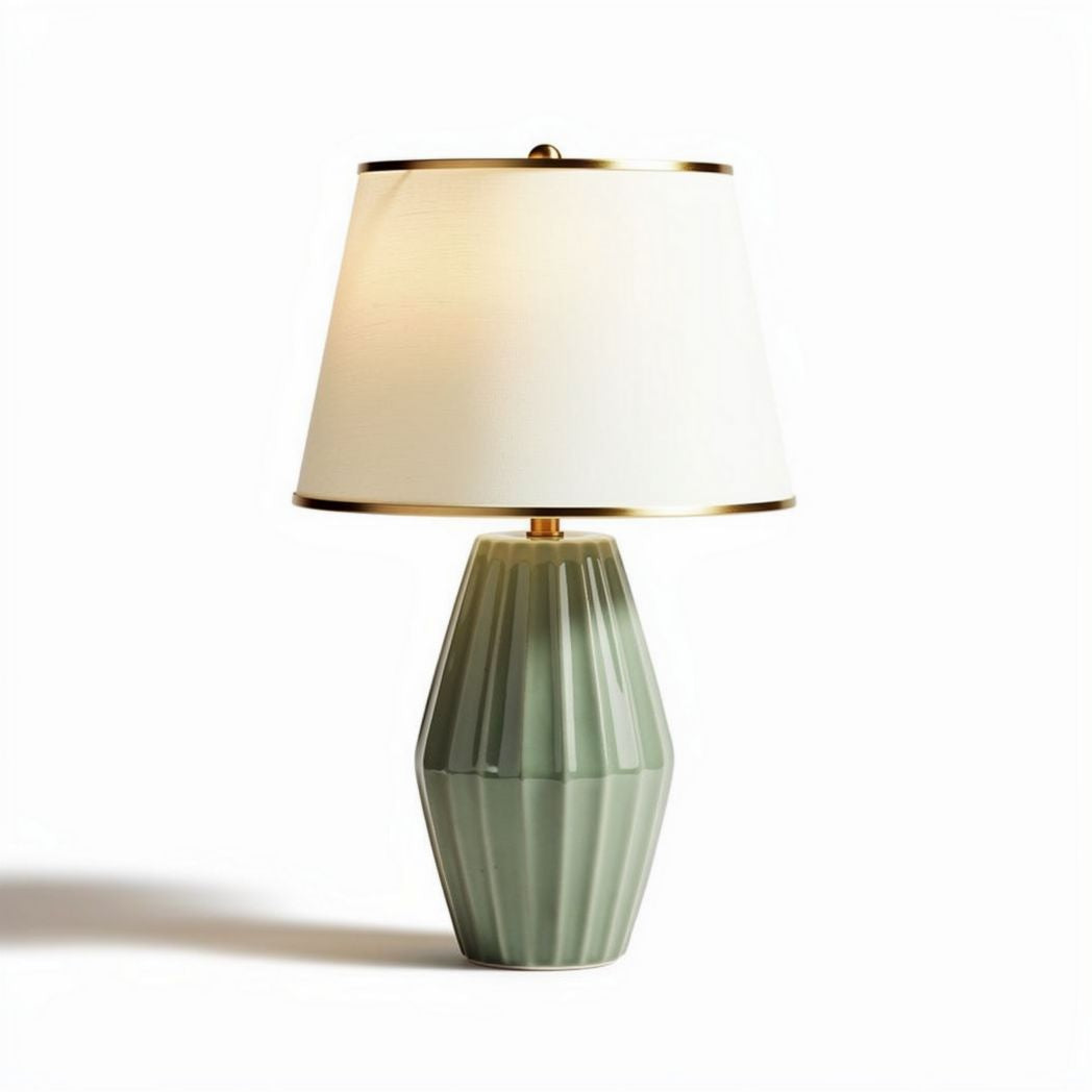 Ceramic table lamp with white fabric shade and green ribbed base 30 x 30 x 55cm