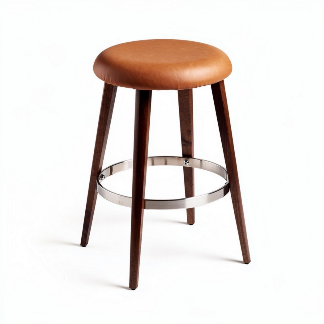 Wooden bar stool with leather seat and metal footrest 40 x 40 x 75cm
