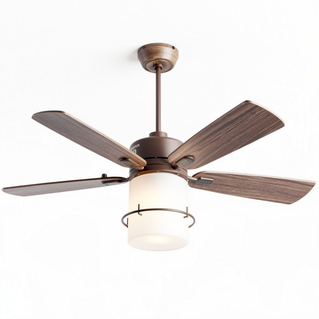 Rustic bronze ceiling fan with four wooden blades and integrated light fixture