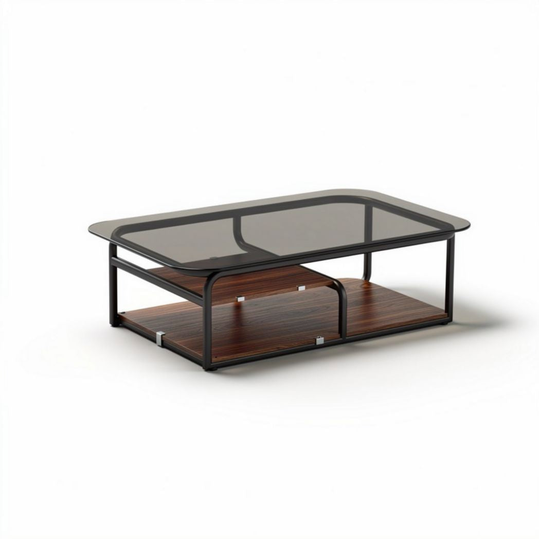 Wooden coffee table with glass top and two storage shelves 120 x 60 x 40cm
