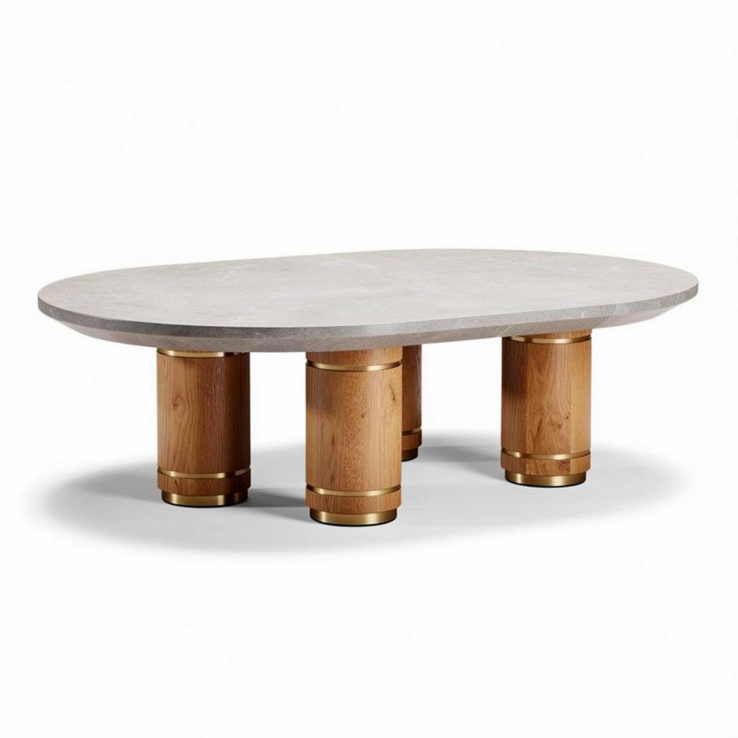 Oval coffee table with concrete top and wooden legs 160 x 80 x 40cm