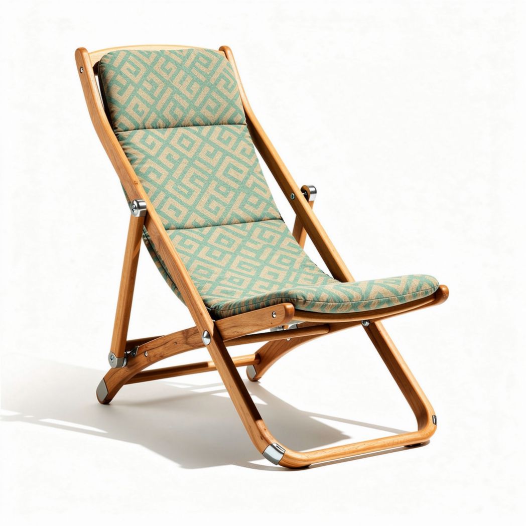 Folding lounge chair with wooden frame and patterned fabric upholstery 80 x 60 x 90cm