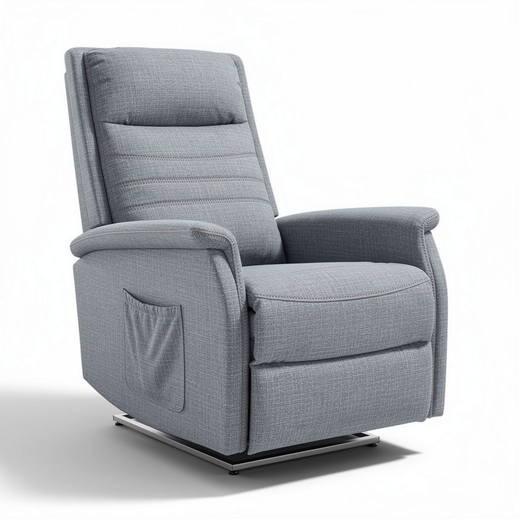 Recliner chair with adjustable headrest fabric upholstery and storage pocket