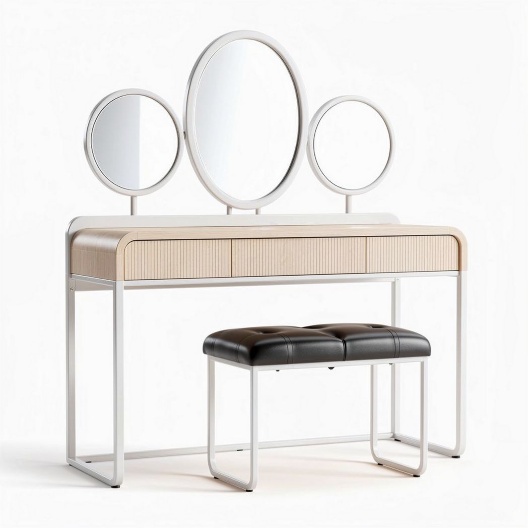 Three mirror vanity table with wooden finish and metal frame dimensions 80 x 40 x 75cm