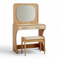 Wooden vanity set with round mirror and padded stool in natural finish