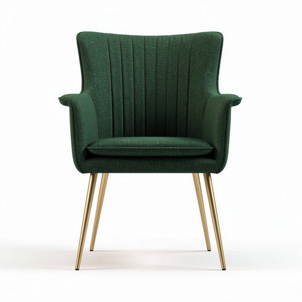 Green upholstered armchair with gold metal legs and ribbed design 70 x 70 x 85cm